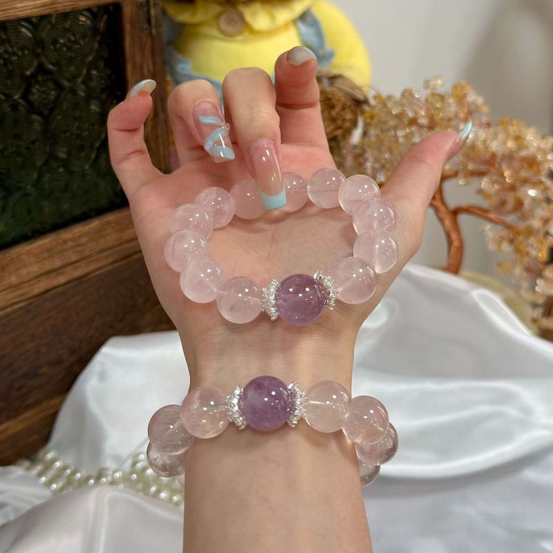 Βραχιόλι με ροζ χαλαζία και αμέθιστο, επιχρυσωμένος χαλκός, βιντάζ στυλ