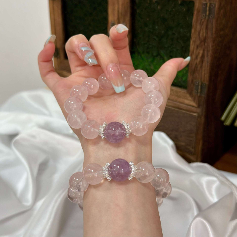 Βραχιόλι με ροζ χαλαζία και αμέθιστο, επιχρυσωμένος χαλκός, βιντάζ στυλ