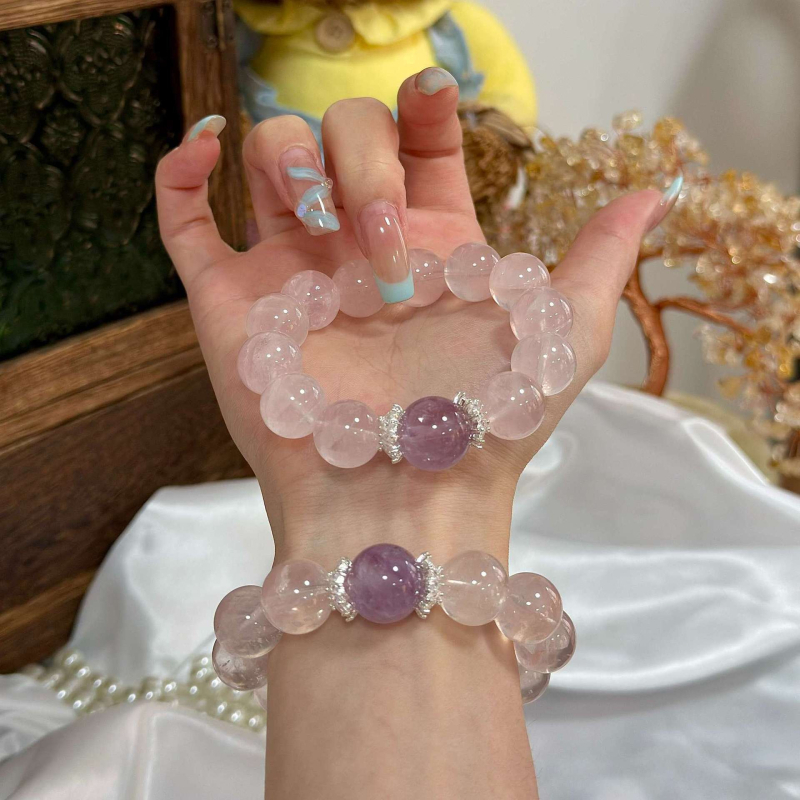 Βραχιόλι με ροζ χαλαζία και αμέθιστο, επιχρυσωμένος χαλκός, βιντάζ στυλ