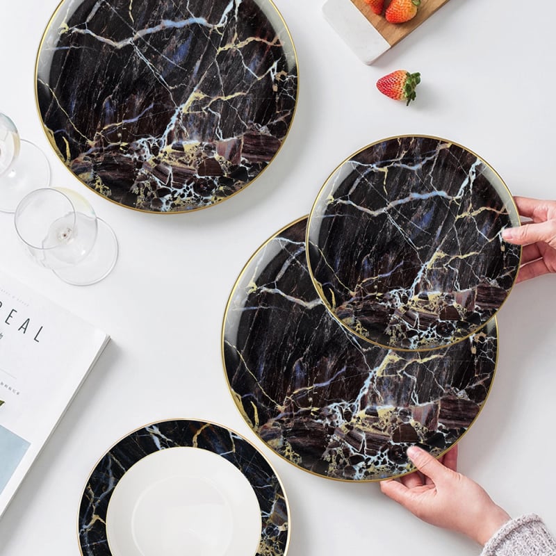 Set de farfurii plate bone china, în stil Nordic, rotund, cu modele multiple, inclus cană de lapte și ceașcă de cafea