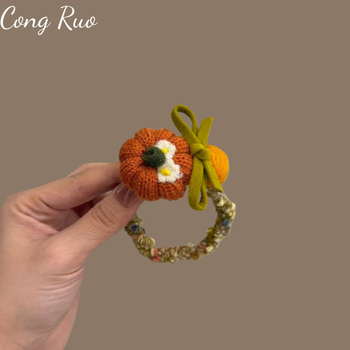 CONGRUO Elastică de păr pentru copii din lână – handmade, motiv dovleac, stil nișă, elasticitate înaltă