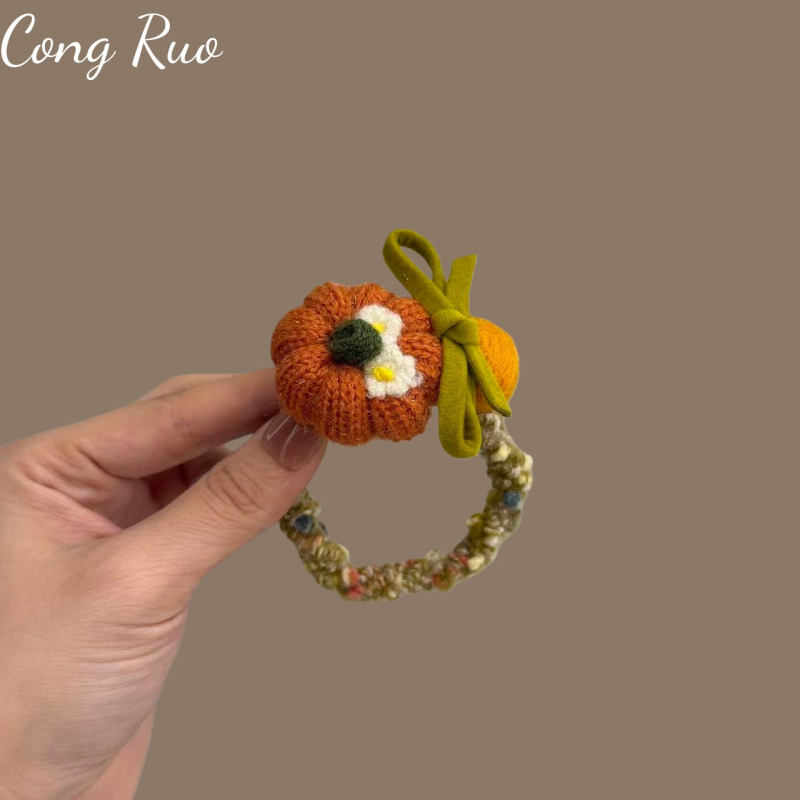 CONGRUO Elastică de păr pentru copii din lână – handmade, motiv dovleac, stil nișă, elasticitate înaltă