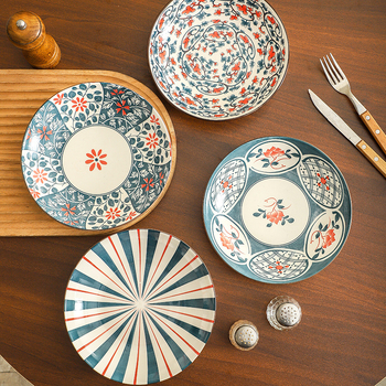 Farfurie de porțelan cu model plante și flori, suprafață cu subglazură color, stil retro ușor lux, compatibil cu microunde