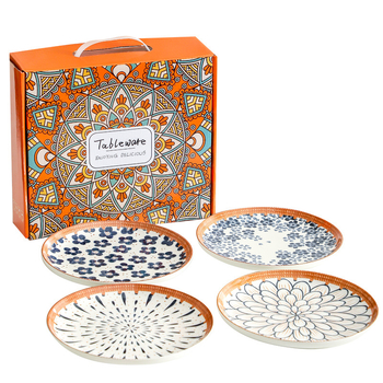 Farfurie de porțelan cu model plante și flori, suprafață cu subglazură color, stil retro ușor lux, compatibil cu microunde