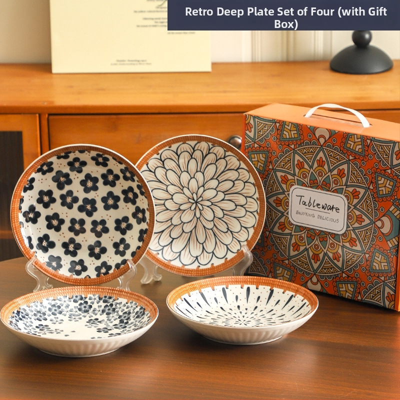 Farfurie de porțelan cu model plante și flori, suprafață cu subglazură color, stil retro ușor lux, compatibil cu microunde