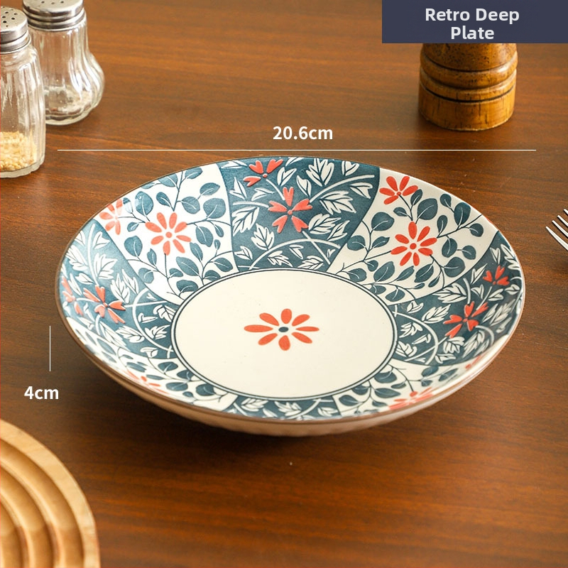 Farfurie de porțelan cu model plante și flori, suprafață cu subglazură color, stil retro ușor lux, compatibil cu microunde