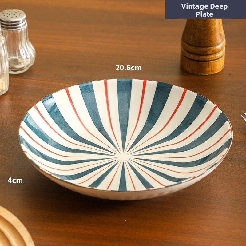 Farfurie de porțelan cu model plante și flori, suprafață cu subglazură color, stil retro ușor lux, compatibil cu microunde