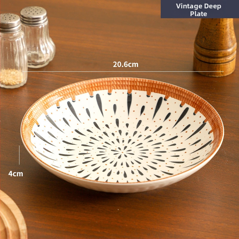 Farfurie de porțelan cu model plante și flori, suprafață cu subglazură color, stil retro ușor lux, compatibil cu microunde