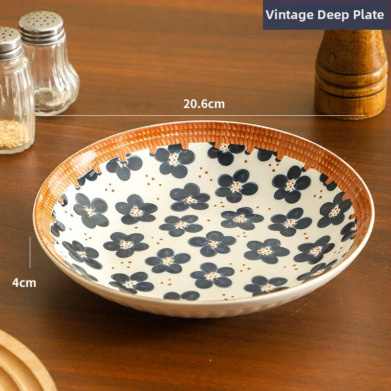 Farfurie de porțelan cu model plante și flori, suprafață cu subglazură color, stil retro ușor lux, compatibil cu microunde