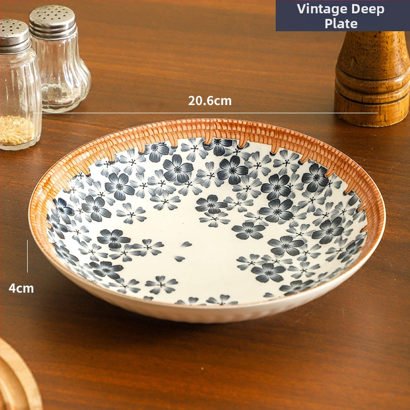 Farfurie de porțelan cu model plante și flori, suprafață cu subglazură color, stil retro ușor lux, compatibil cu microunde