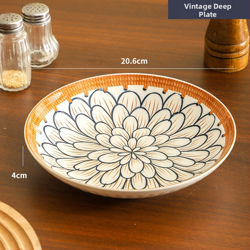 Farfurie de porțelan cu model plante și flori, suprafață cu subglazură color, stil retro ușor lux, compatibil cu microunde