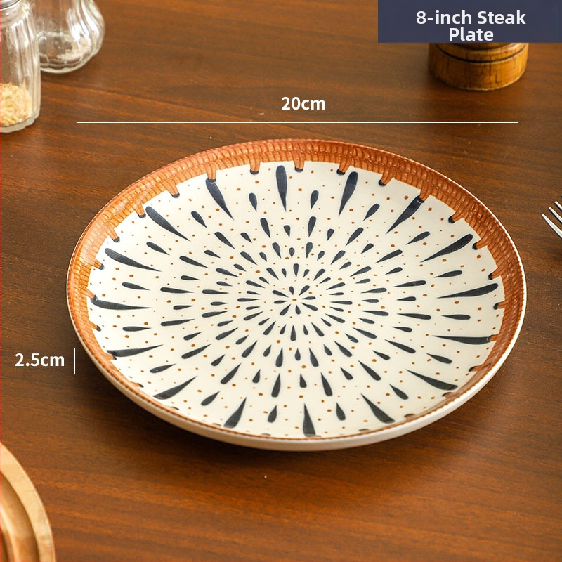 Farfurie de porțelan cu model plante și flori, suprafață cu subglazură color, stil retro ușor lux, compatibil cu microunde