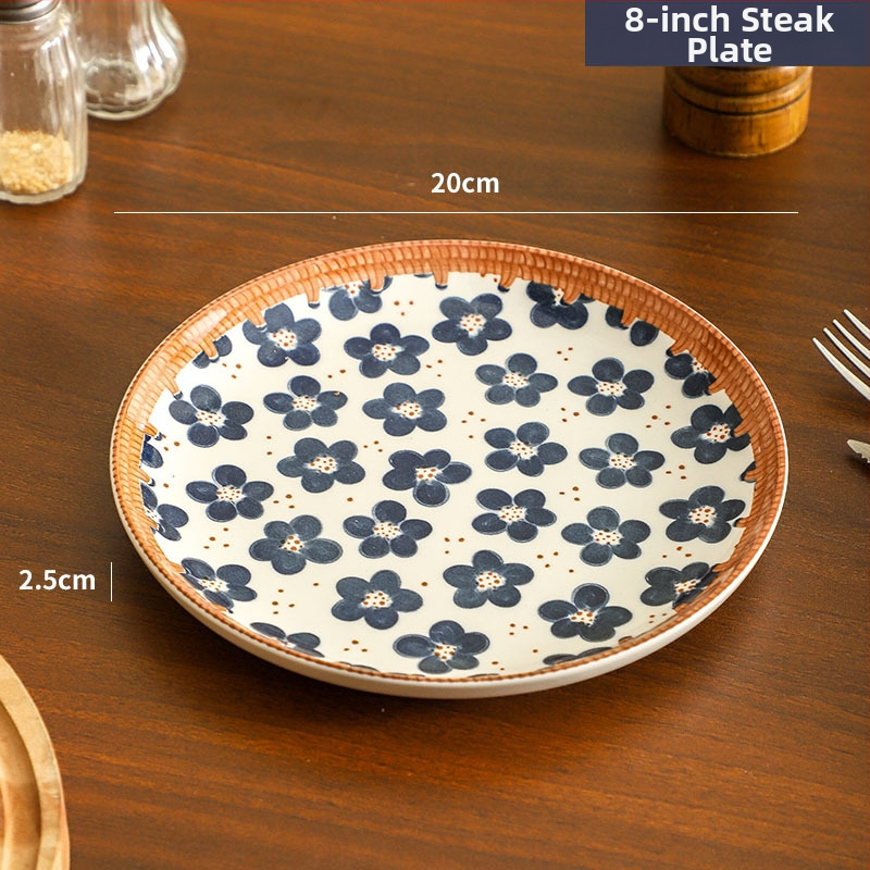 Farfurie de porțelan cu model plante și flori, suprafață cu subglazură color, stil retro ușor lux, compatibil cu microunde