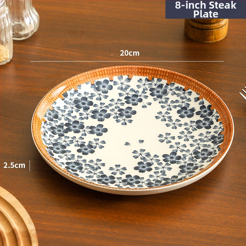 Farfurie de porțelan cu model plante și flori, suprafață cu subglazură color, stil retro ușor lux, compatibil cu microunde