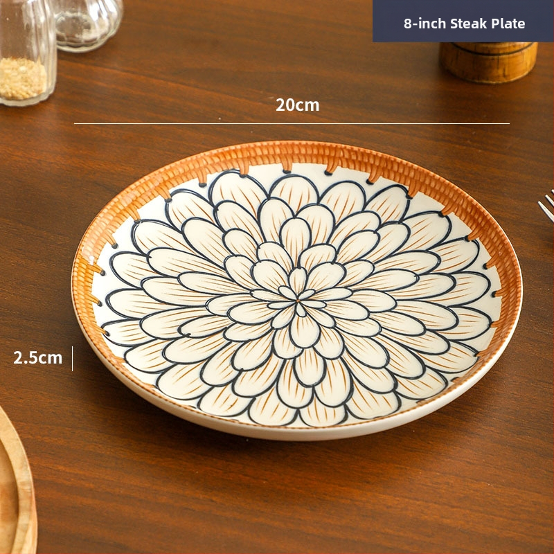 Farfurie de porțelan cu model plante și flori, suprafață cu subglazură color, stil retro ușor lux, compatibil cu microunde