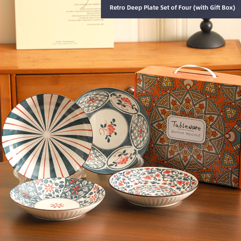 Farfurie de porțelan cu model plante și flori, suprafață cu subglazură color, stil retro ușor lux, compatibil cu microunde