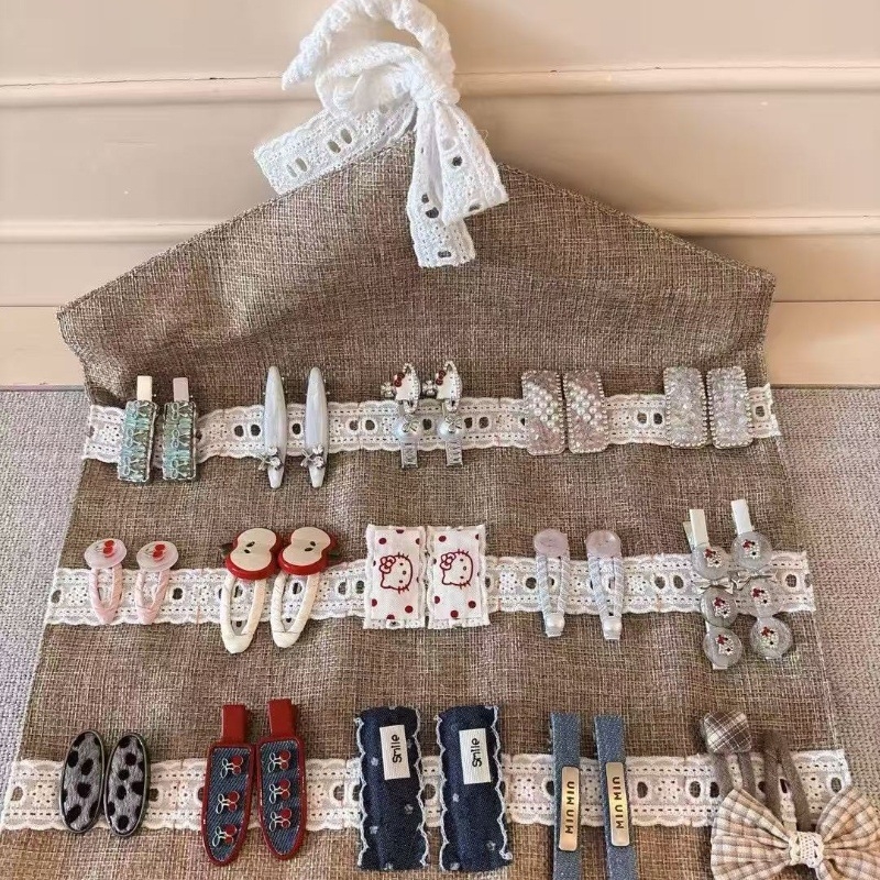 Rankų darbo didelis pakabinamas plaukų aksesuaras: plaukų segtukas ir virvelė iš medvilnės-lino, geometrinis raštas, mišrios spalvos, Princese serija, vaikams