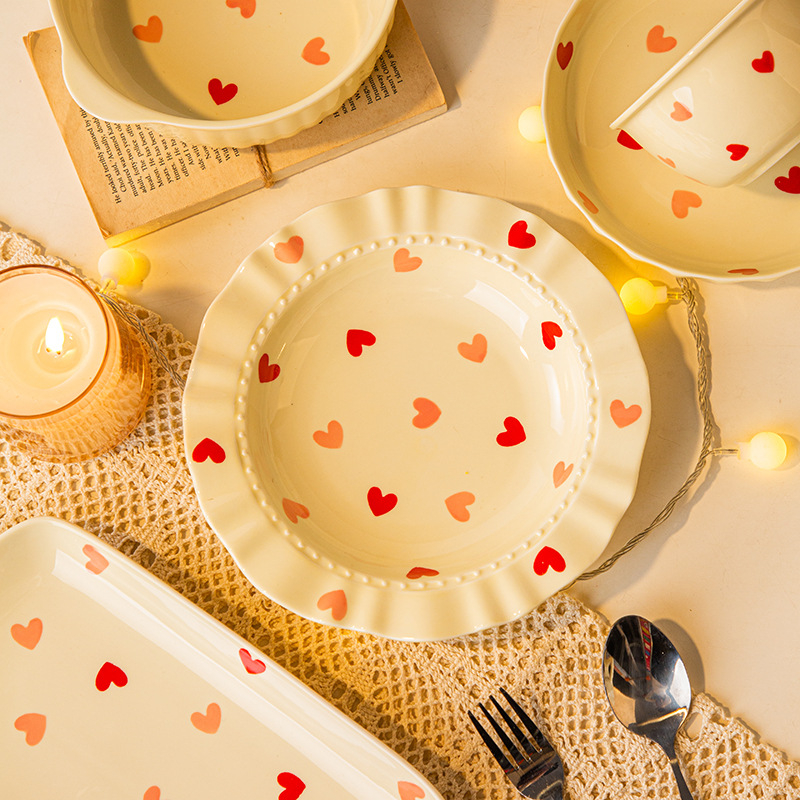 Set de boluri din porțelan cu model Love, culoare sub glazură, formă neregulată, compatibil cu microunde, stil modern minimalist