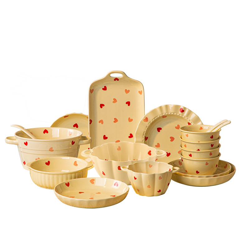 Set de boluri din porțelan cu model Love, culoare sub glazură, formă neregulată, compatibil cu microunde, stil modern minimalist