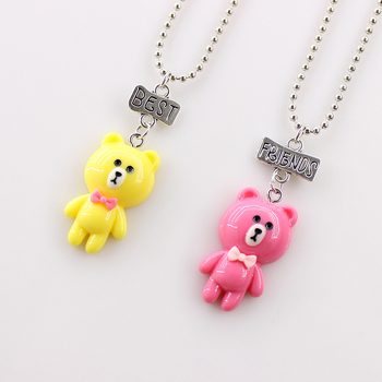 Vaikų karoliai iš dervos su meškiuko pakabuku, akrilinis pakabukas, karoliukų grandinė, reguliuojamas ilgis 21–50 cm