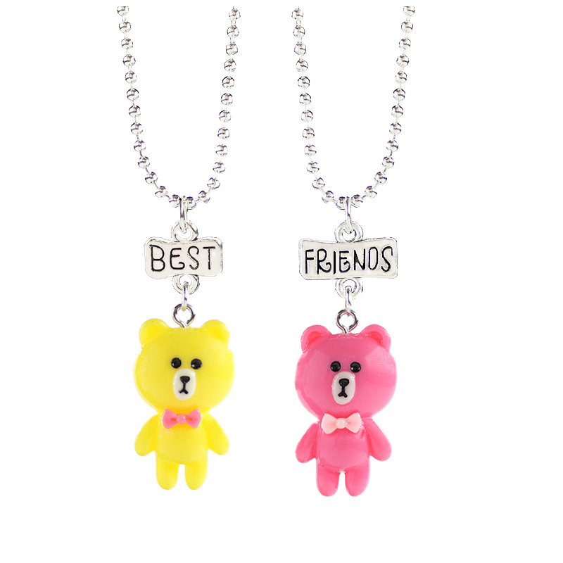 Vaikų karoliai iš dervos su meškiuko pakabuku, akrilinis pakabukas, karoliukų grandinė, reguliuojamas ilgis 21–50 cm