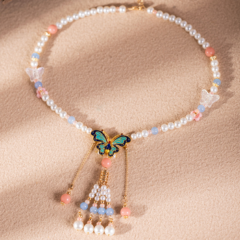 Karoliai - rankų darbo, dirbtinės perlais, vaikiško stiliaus, vabzdžio formos pakabukas, įprasta grandinė, Pavasaris 2023