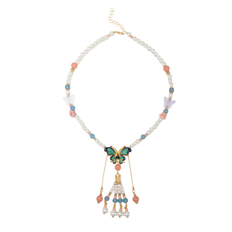 Karoliai - rankų darbo, dirbtinės perlais, vaikiško stiliaus, vabzdžio formos pakabukas, įprasta grandinė, Pavasaris 2023