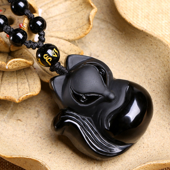 Colier cu pandantiv vulpe — obsidian imitat și jad, cap de vulpe, lanț cu bile, temă animale/Zodiac