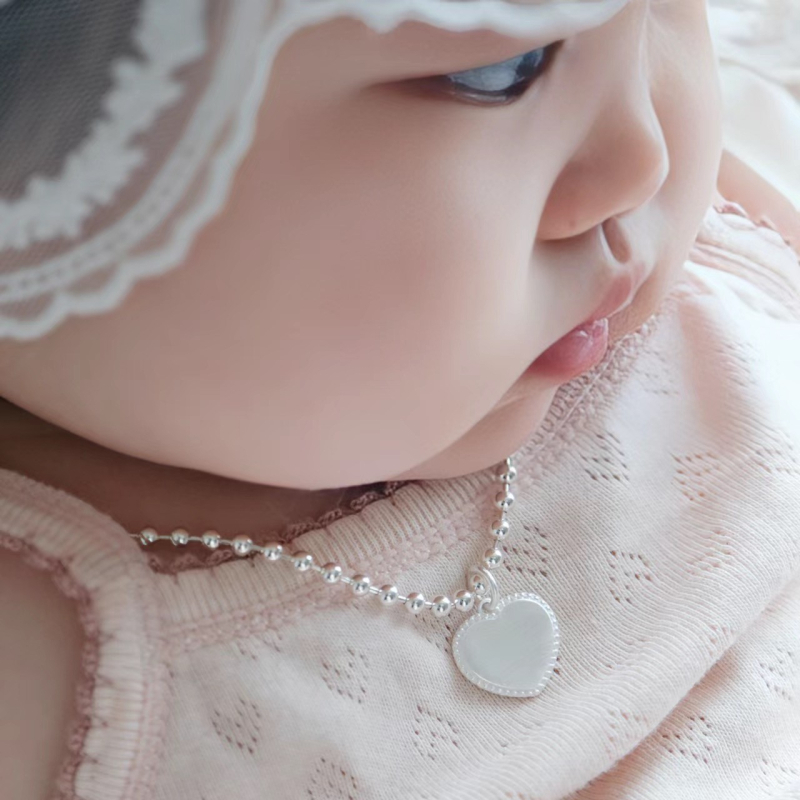 Vaikų sidabro grandinėlė su širdies formos pakabuku, 925 sidabras, rankų darbas, kamuoliukų grandinė, tinkama vaikams 3–6 metų