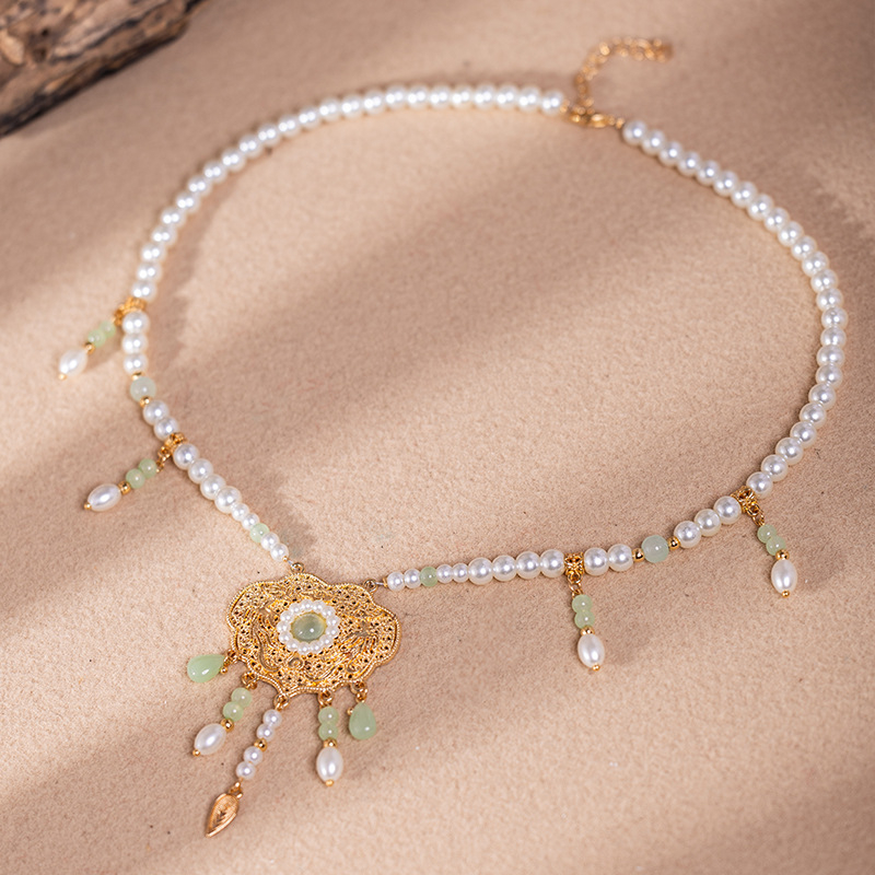 Ogrlica s umjetnim perlama, privjesak od legure, kuglični lanac, antički stil, za djecu