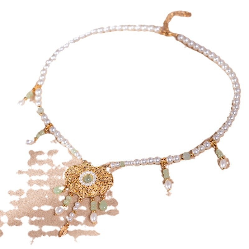 Ogrlica s umjetnim perlama, privjesak od legure, kuglični lanac, antički stil, za djecu