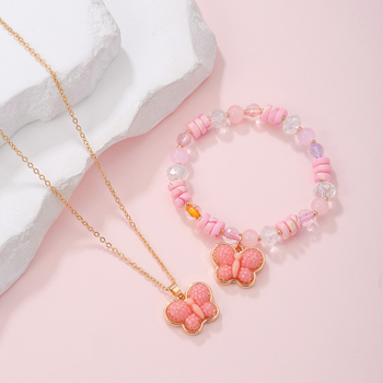 Vaikų karoliai ir apyrankė su resiniais karoliukais leptyrų motyvu - Rankų darbo; Pakabukas: resin; Grandinėlė: O formos; Amžius: 6–10 metų ir vyresni