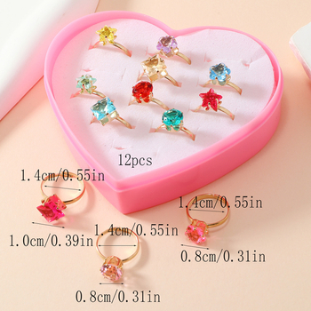 Детски пръстени, серия Принцеса, 12 броя, с позлатени изкуствени камъни, метал: Желязо