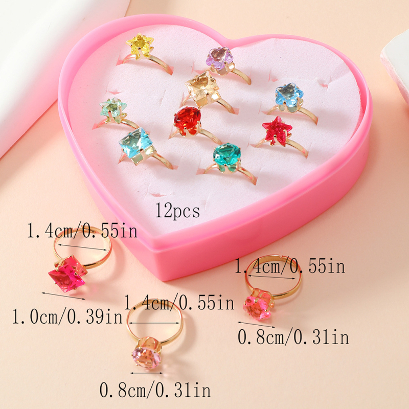 Детски пръстени, серия Принцеса, 12 броя, с позлатени изкуствени камъни, метал: Желязо