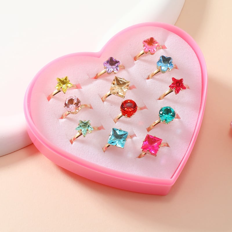 Детски пръстени, серия Принцеса, 12 броя, с позлатени изкуствени камъни, метал: Желязо