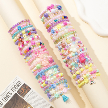 Dječja elastična narukvica od akrilnih perlica s geometrijskim uzorkom, ručna izrada, unisex, proljeće 2024