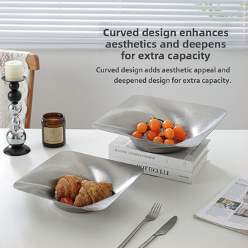 Tavă decorativă din oțel inoxidabil, stil retro, formă asimetrică rotund-pătrată cu adâncime pentru fructe și gustări