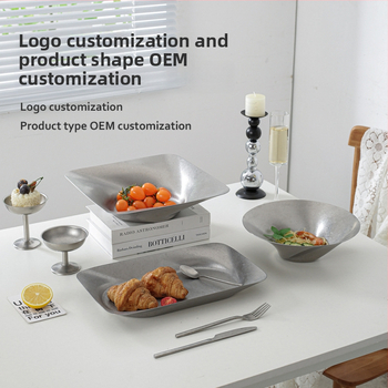 Tavă decorativă din oțel inoxidabil, stil retro, formă asimetrică rotund-pătrată cu adâncime pentru fructe și gustări