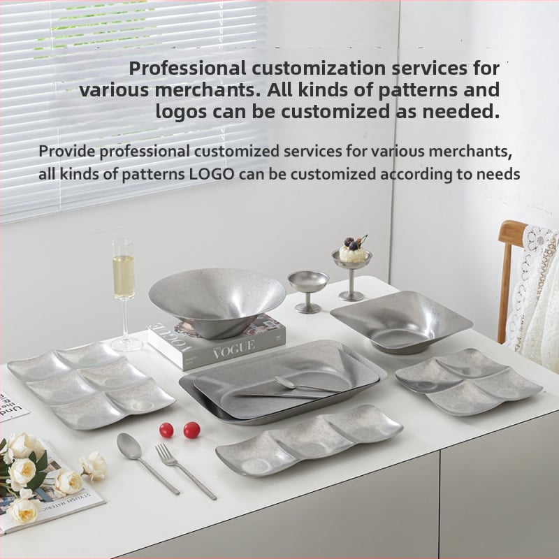 Tavă decorativă din oțel inoxidabil, stil retro, formă asimetrică rotund-pătrată cu adâncime pentru fructe și gustări