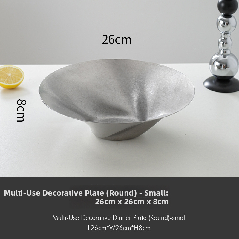 Tavă decorativă din oțel inoxidabil, stil retro, formă asimetrică rotund-pătrată cu adâncime pentru fructe și gustări