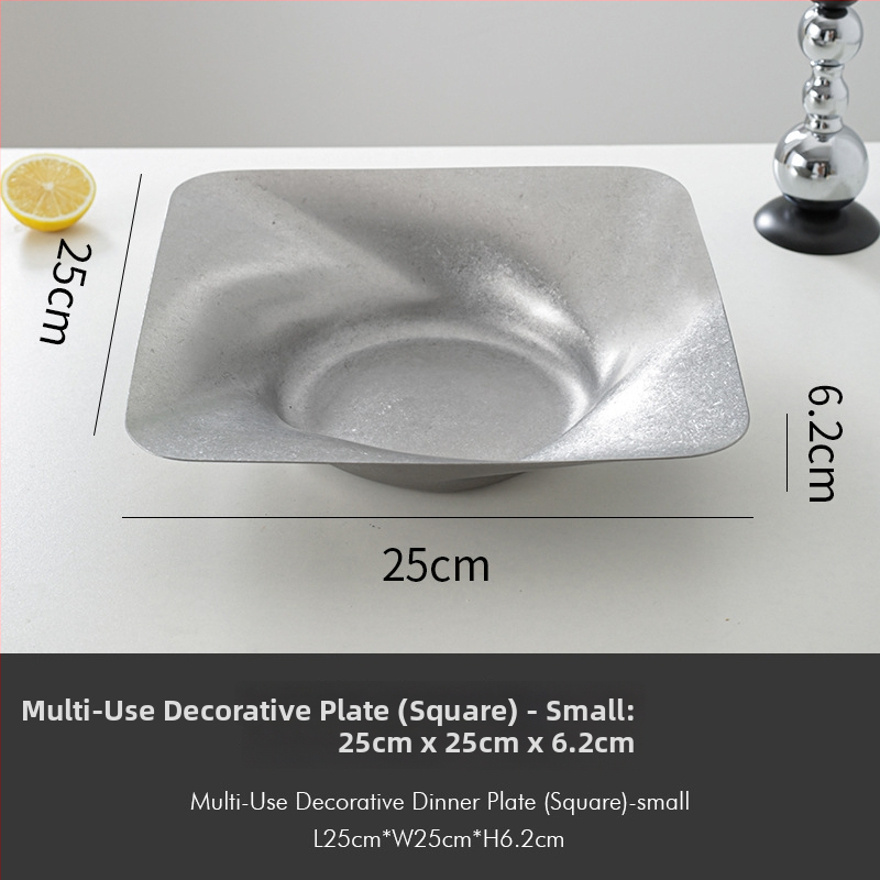 Tavă decorativă din oțel inoxidabil, stil retro, formă asimetrică rotund-pătrată cu adâncime pentru fructe și gustări