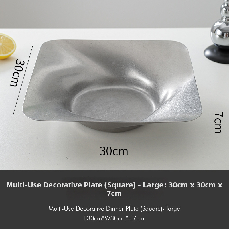 Tavă decorativă din oțel inoxidabil, stil retro, formă asimetrică rotund-pătrată cu adâncime pentru fructe și gustări