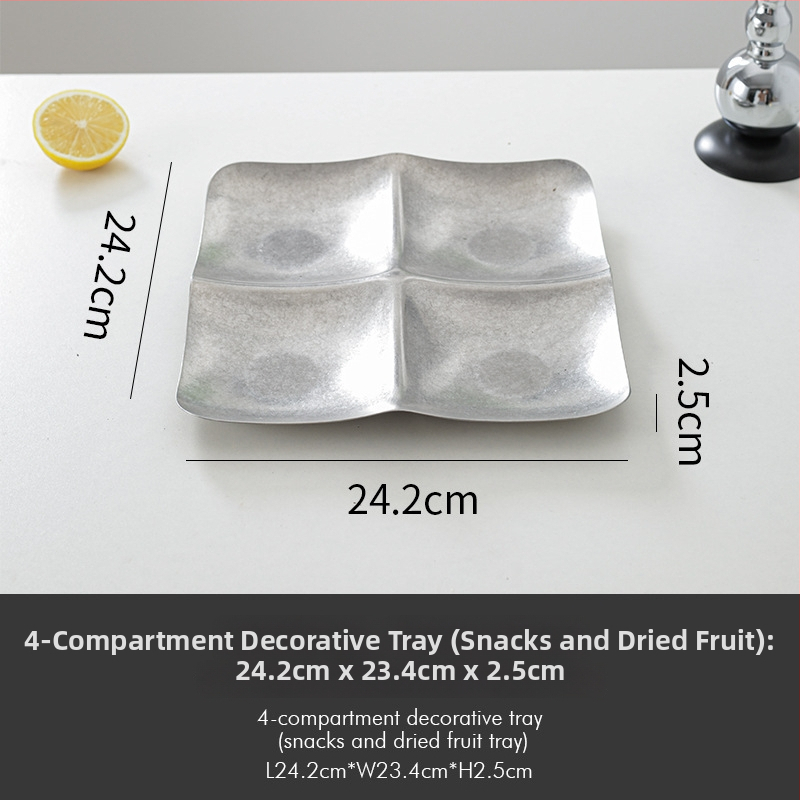 Tavă decorativă din oțel inoxidabil, stil retro, formă asimetrică rotund-pătrată cu adâncime pentru fructe și gustări