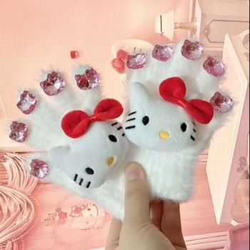 Dječje pletene rukavice s pet prstiju i Kitty motivom, zadržavaju toplinu zimi i jeseni, za djevojčice od 3 do 8 godina.