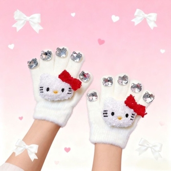 Dječje pletene rukavice s pet prstiju i Kitty motivom, zadržavaju toplinu zimi i jeseni, za djevojčice od 3 do 8 godina.