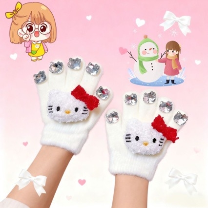 Dječje pletene rukavice s pet prstiju i Kitty motivom, zadržavaju toplinu zimi i jeseni, za djevojčice od 3 do 8 godina.