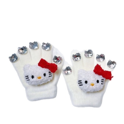 Dječje pletene rukavice s pet prstiju i Kitty motivom, zadržavaju toplinu zimi i jeseni, za djevojčice od 3 do 8 godina.