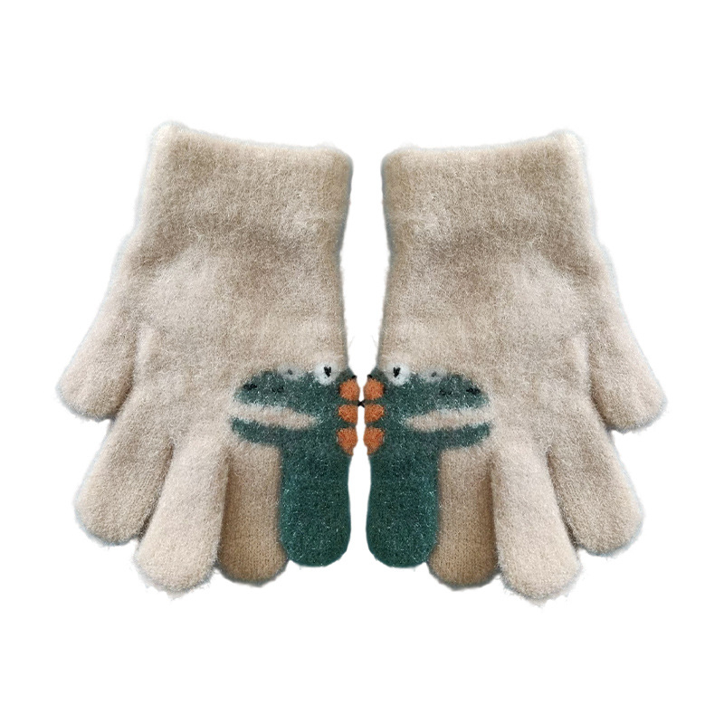 Mănuși pentru copii cu degete separate, design cu dinozaur, fibră acrilică, iarnă, unisex.
