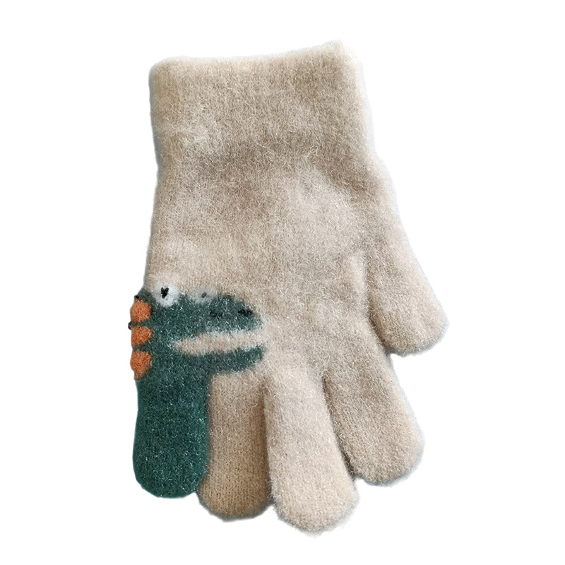Mănuși pentru copii cu degete separate, design cu dinozaur, fibră acrilică, iarnă, unisex.