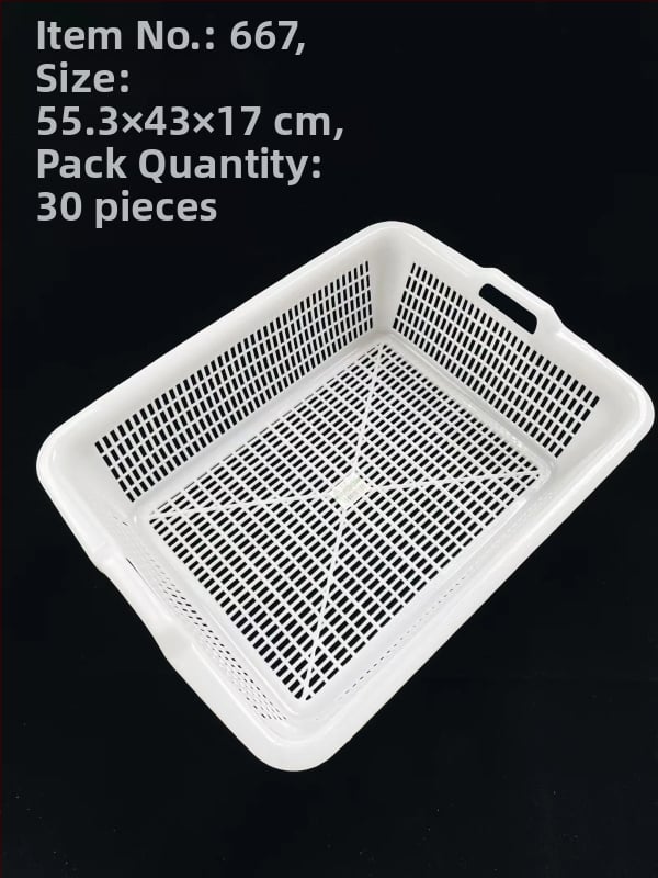 Műanyag tárolókosár négyzetes szitával és lefolyó funkcióval, modell 0361, PE anyag